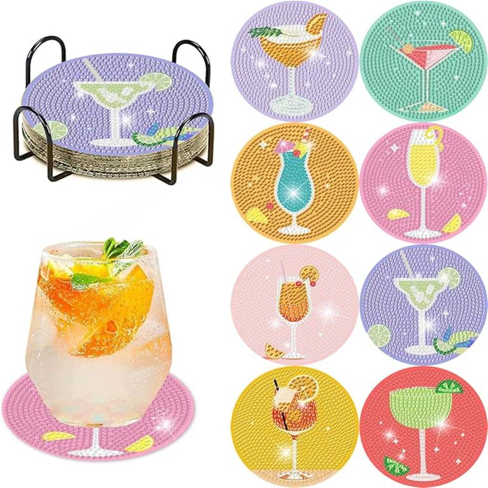 8 pieces/set of coffee patterned diamond painted coaster set, sparkling rhinestone heat-resistant beverage mat with holder DIY c
