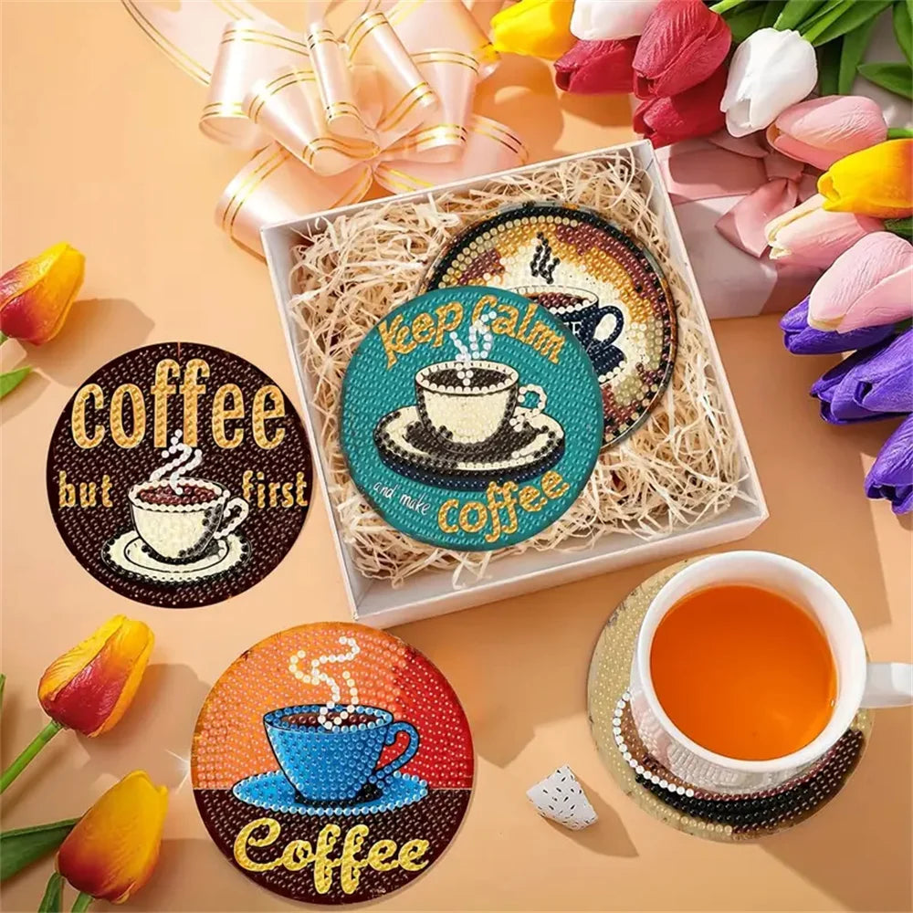 8 pieces/set of coffee patterned diamond painted coaster set, sparkling rhinestone heat-resistant beverage mat with holder DIY c