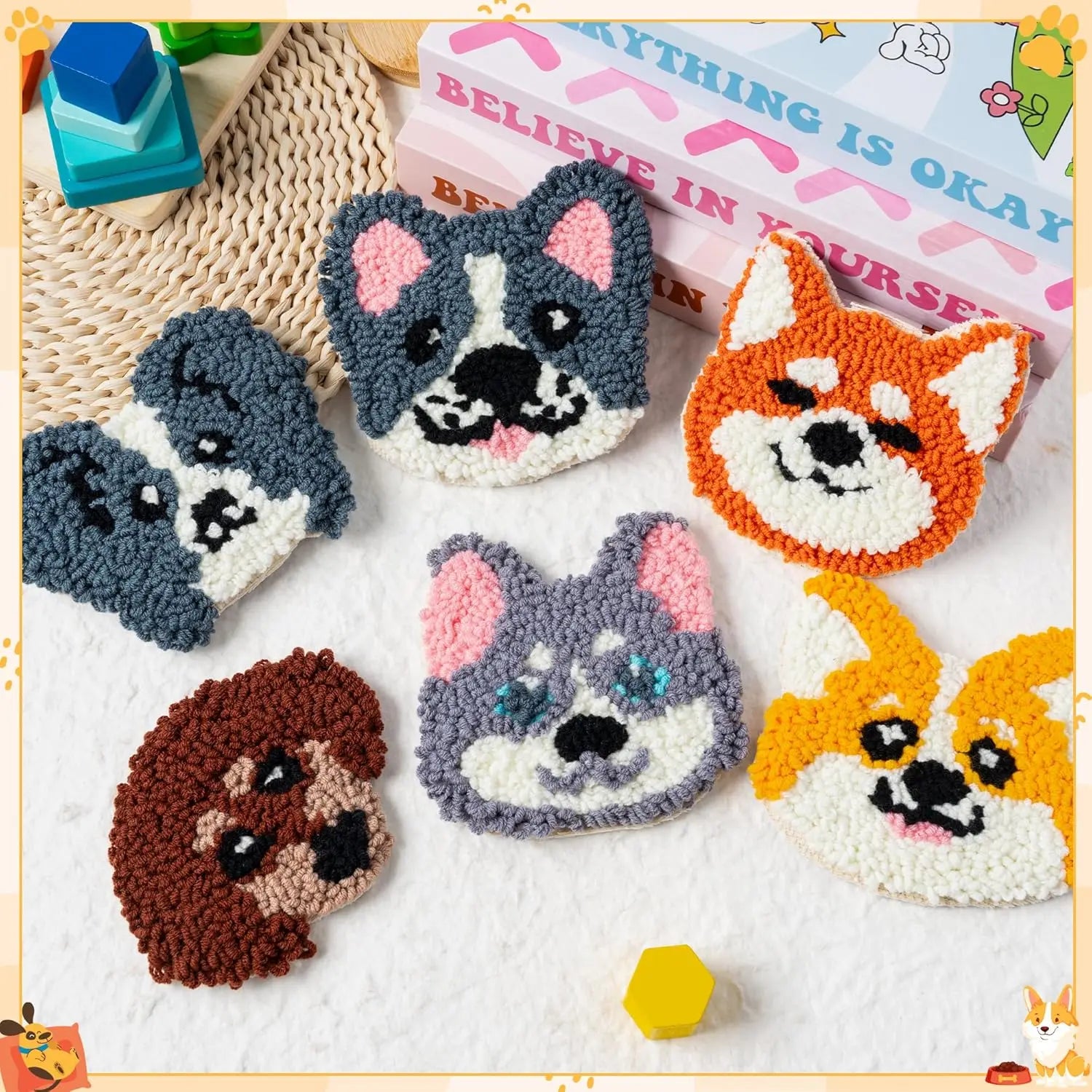 6pcs Cat Punch Needle Embroidery Coaster Set For Adult Punch Needle Embroidery Set Animal Tufting Coaster Art and Crafts