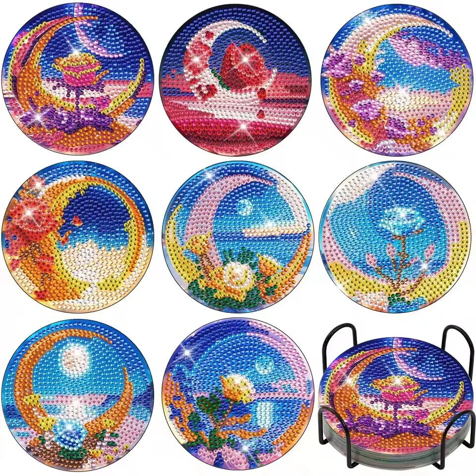 🌕 8Pcs – Diamond Painting – Lunes fleuries