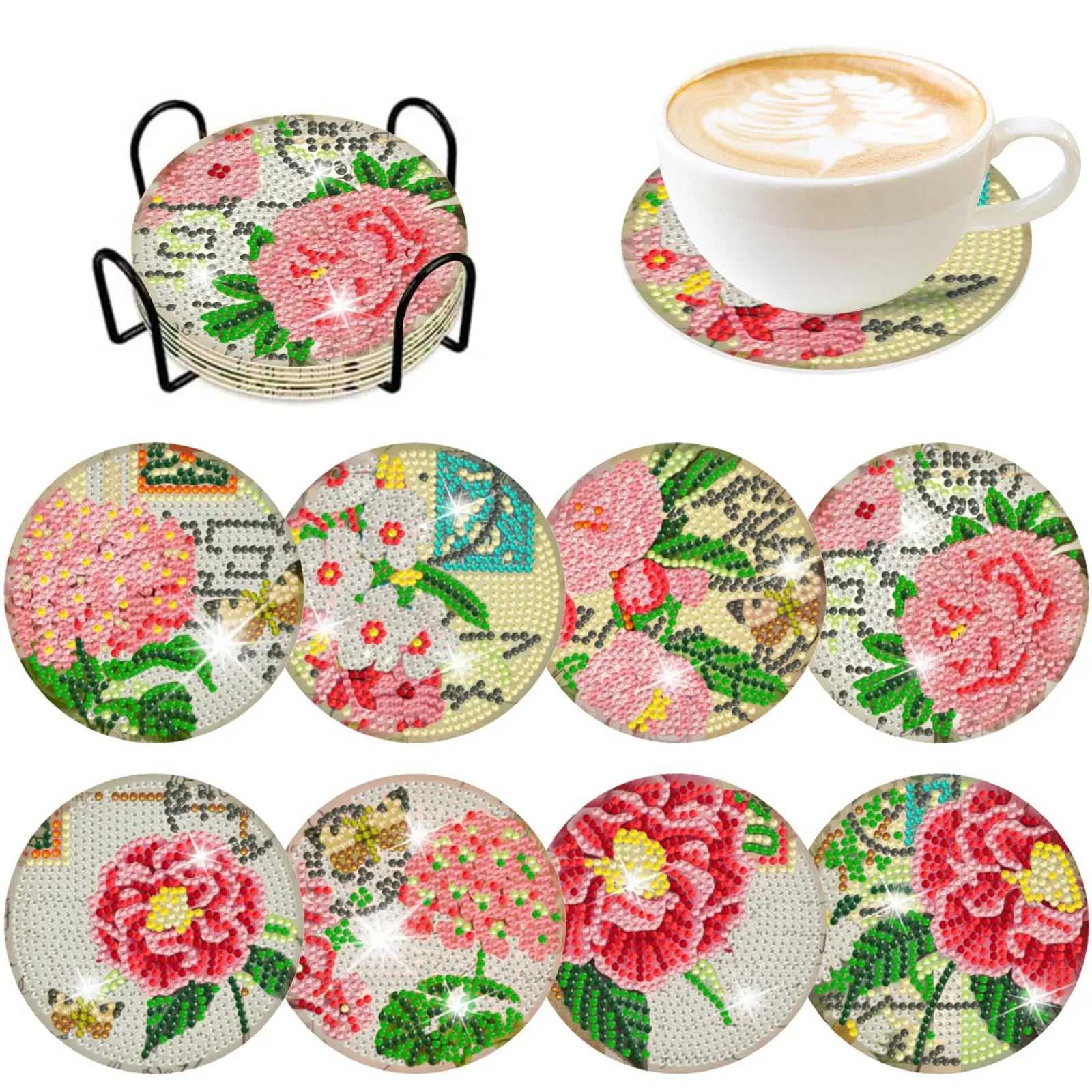GLOBAL 8pcs/Set DIY Diamond Painting Coasters Animal Cup Cushion for Drinks Crystal Rhinestones Diamond Art Coasters with Holder