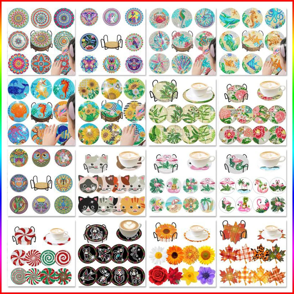 GLOBAL 8pcs/Set DIY Diamond Painting Coasters Animal Cup Cushion for Drinks Crystal Rhinestones Diamond Art Coasters with Holder
