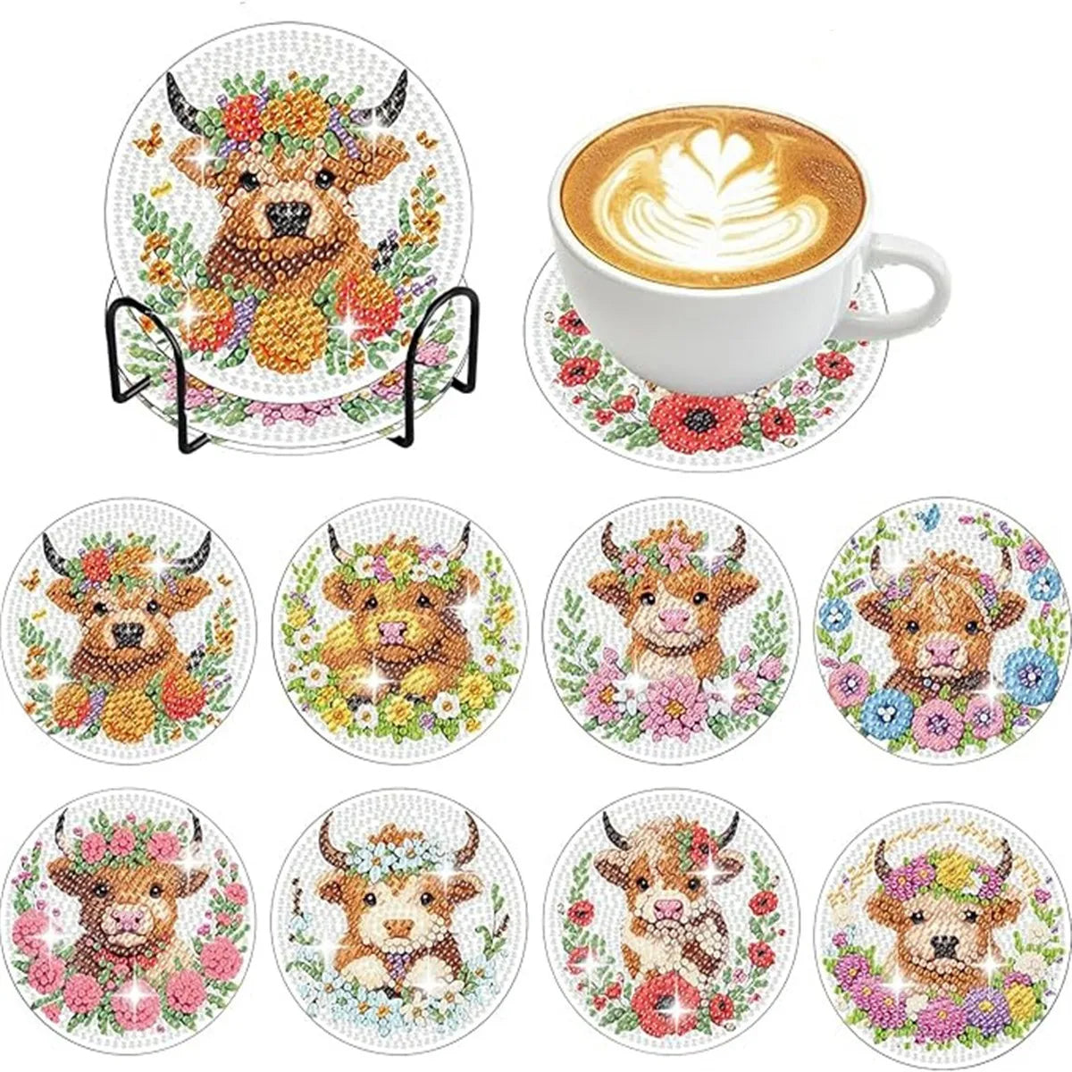 🐮 8Pcs – Diamond Painting – Animaux mignons à cornes