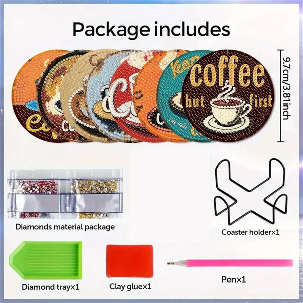 8 pieces/set of coffee patterned diamond painted coaster set, sparkling rhinestone heat-resistant beverage mat with holder DIY c