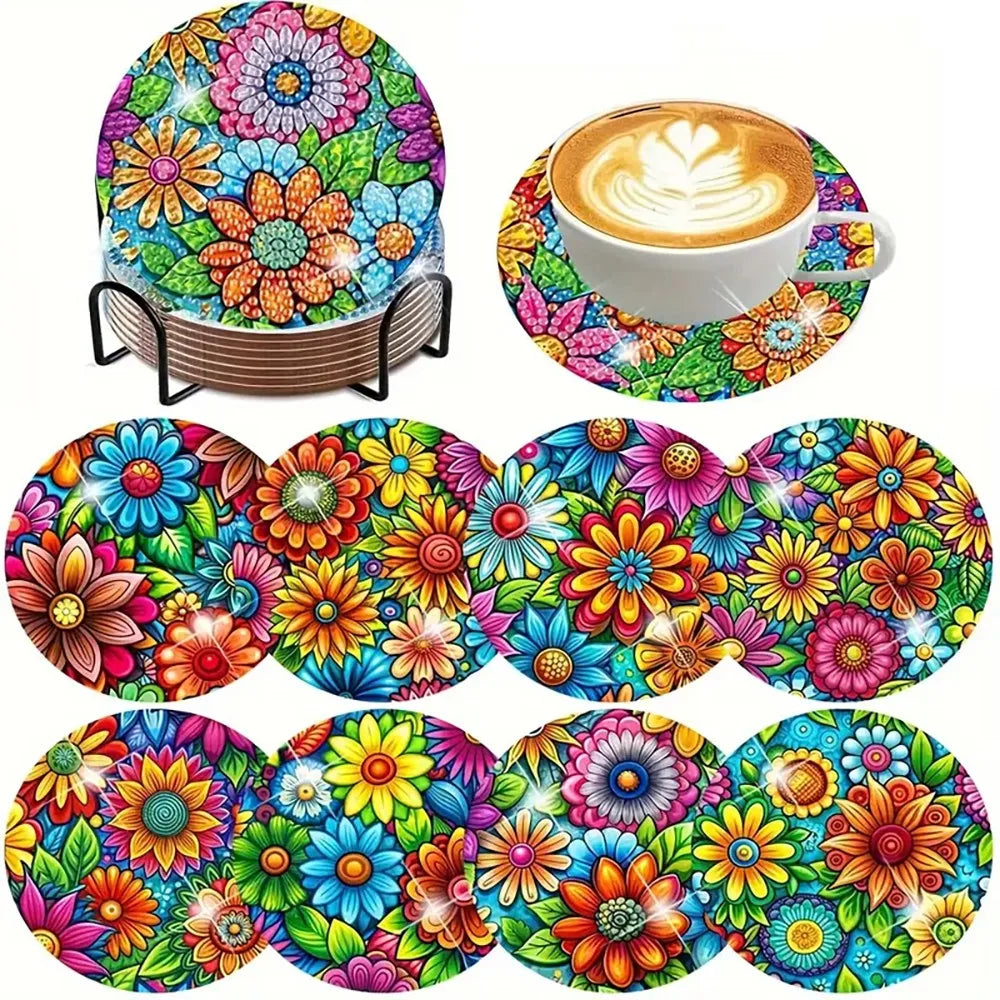 8 pieces/set of coffee patterned diamond painted coaster set, sparkling rhinestone heat-resistant beverage mat with holder DIY c