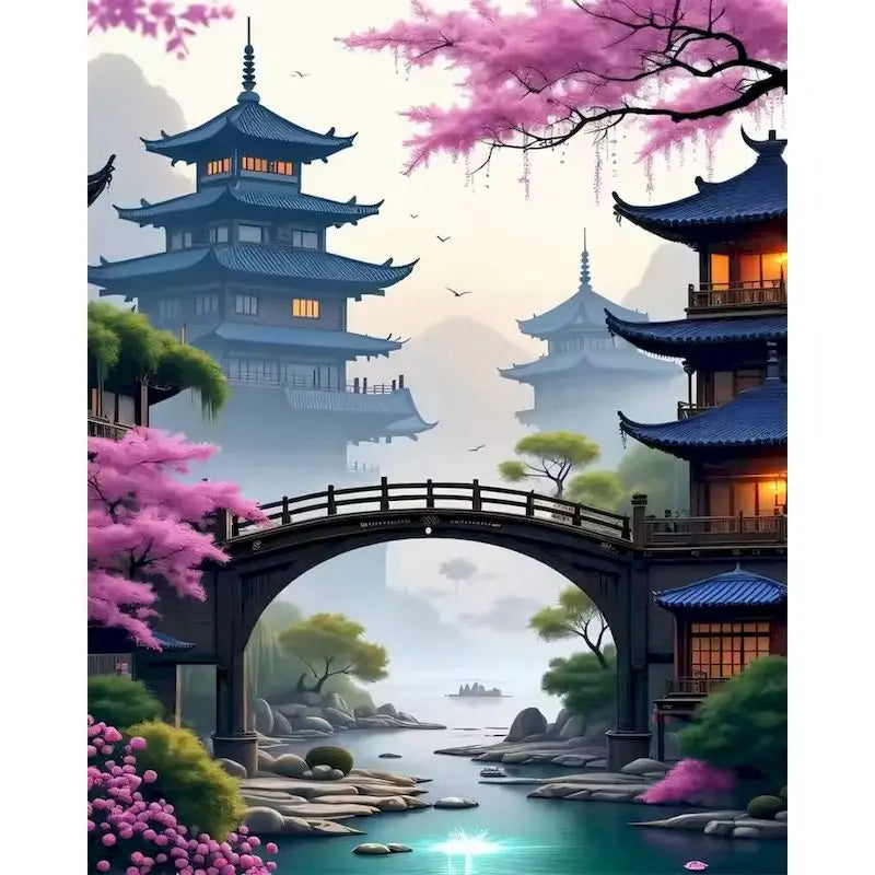 GATYZTORY Sakura Pagoda Painting By Numbers Kits Landscape Drawing Frame Acrylic Paint Coloring By Numbers For Home Decor