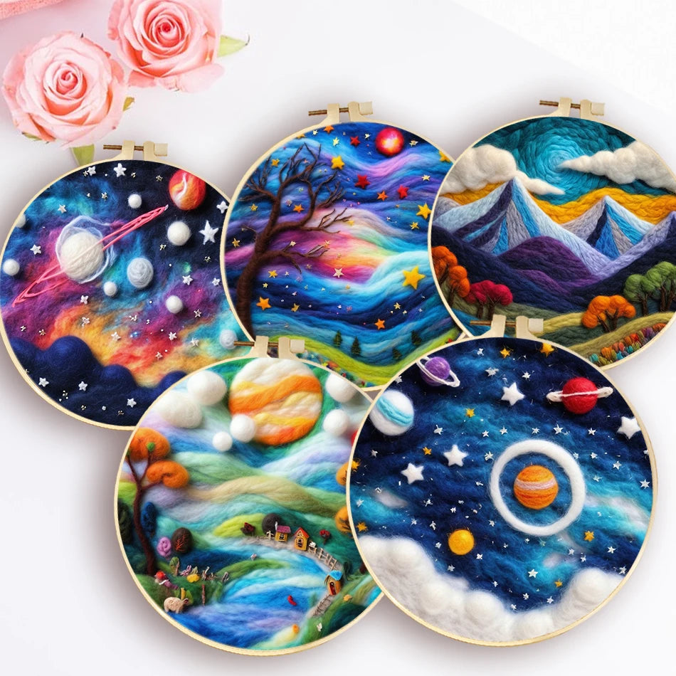 Starry Sky Landscape Needle Felting Painting Kits Adult DIY Wool Needle Felting Starter Kit Mountain Scenery Craft Painting Gift