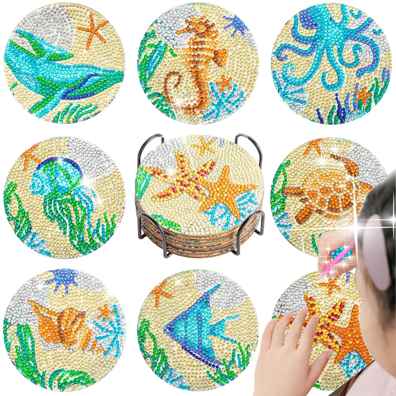 GLOBAL 8pcs/Set DIY Diamond Painting Coasters Animal Cup Cushion for Drinks Crystal Rhinestones Diamond Art Coasters with Holder