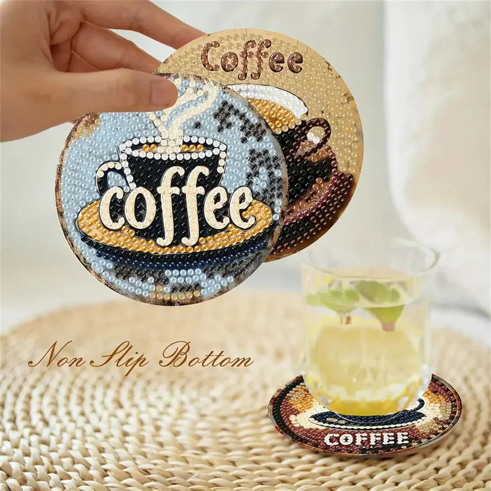 8 pieces/set of coffee patterned diamond painted coaster set, sparkling rhinestone heat-resistant beverage mat with holder DIY c