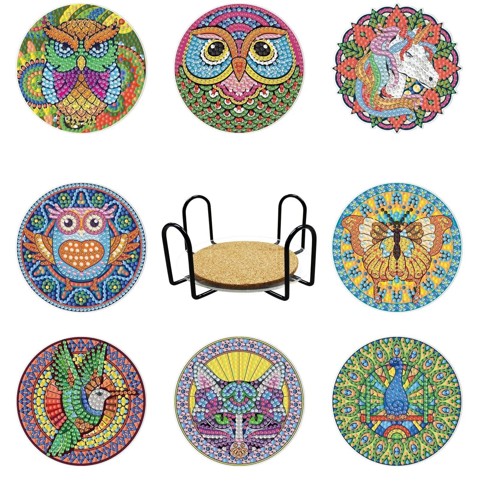 GLOBAL 8pcs/Set DIY Diamond Painting Coasters Animal Cup Cushion for Drinks Crystal Rhinestones Diamond Art Coasters with Holder