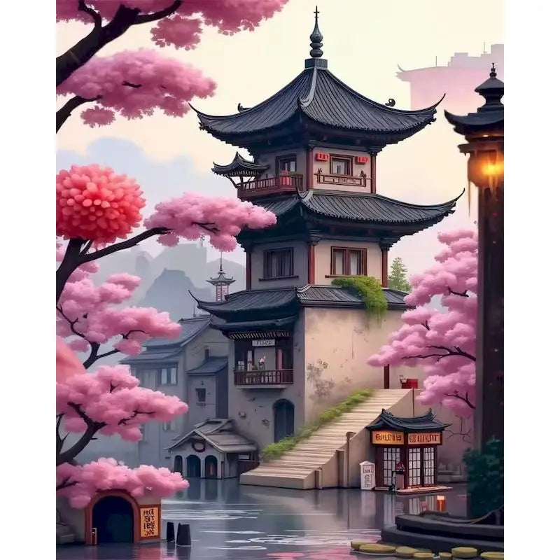 GATYZTORY Sakura Pagoda Painting By Numbers Kits Landscape Drawing Frame Acrylic Paint Coloring By Numbers For Home Decor