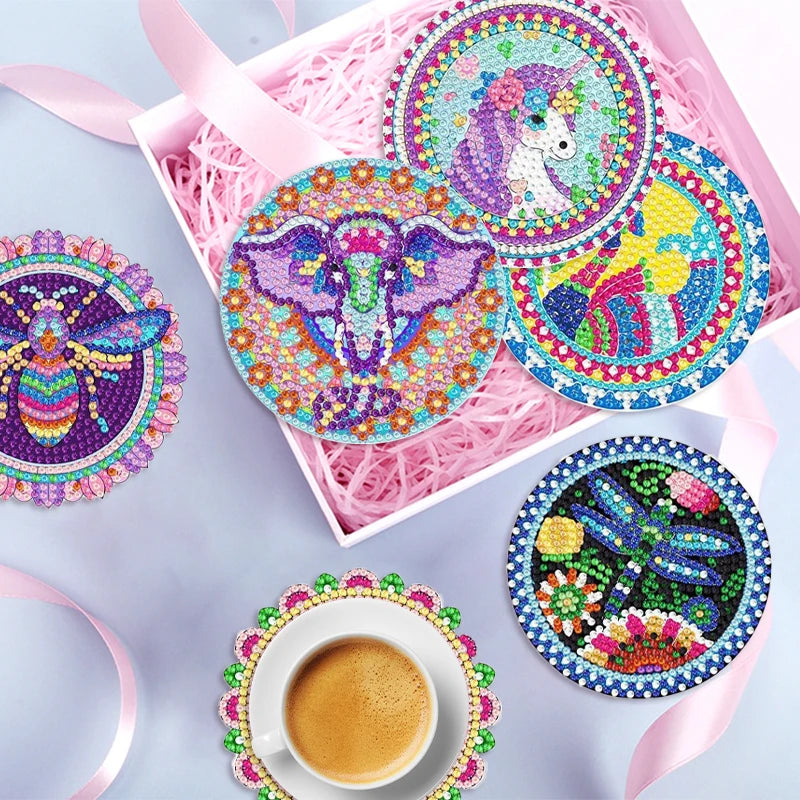 GLOBAL 8pcs/Set DIY Diamond Painting Coasters Animal Cup Cushion for Drinks Crystal Rhinestones Diamond Art Coasters with Holder