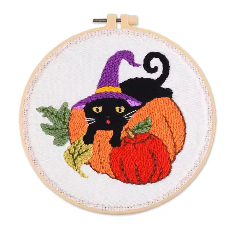 🎃 Kit de broderie Punch Needle – Chat noir sorcière sur citrouille