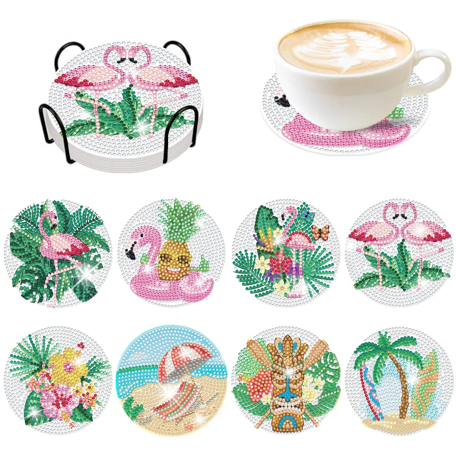 GLOBAL 8pcs/Set DIY Diamond Painting Coasters Animal Cup Cushion for Drinks Crystal Rhinestones Diamond Art Coasters with Holder