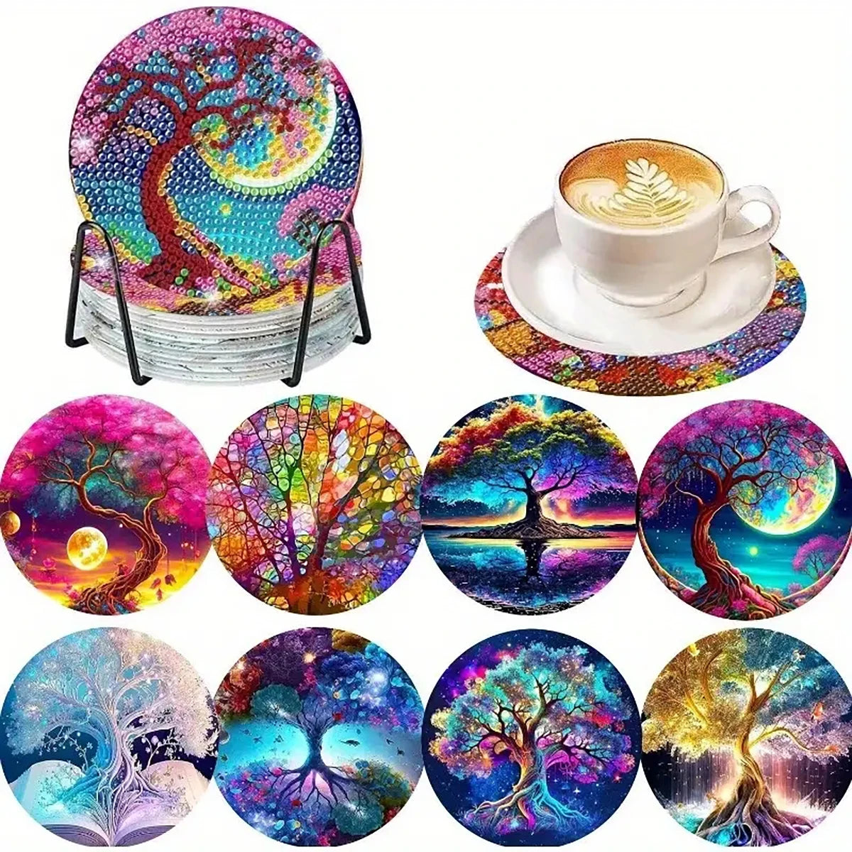 8 pieces/set of coffee patterned diamond painted coaster set, sparkling rhinestone heat-resistant beverage mat with holder DIY c
