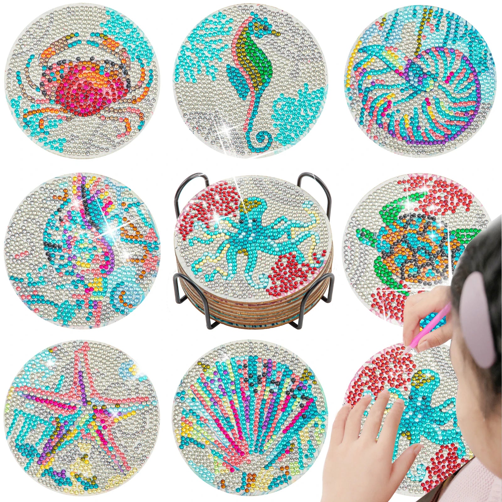 GLOBAL 8pcs/Set DIY Diamond Painting Coasters Animal Cup Cushion for Drinks Crystal Rhinestones Diamond Art Coasters with Holder