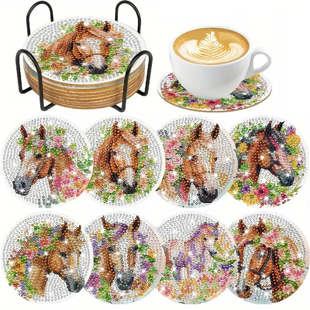 8 pieces/set of coffee patterned diamond painted coaster set, sparkling rhinestone heat-resistant beverage mat with holder DIY c