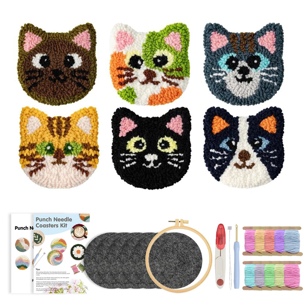 6pcs Cat Punch Needle Embroidery Coaster Set For Adult Punch Needle Embroidery Set Animal Tufting Coaster Art and Crafts