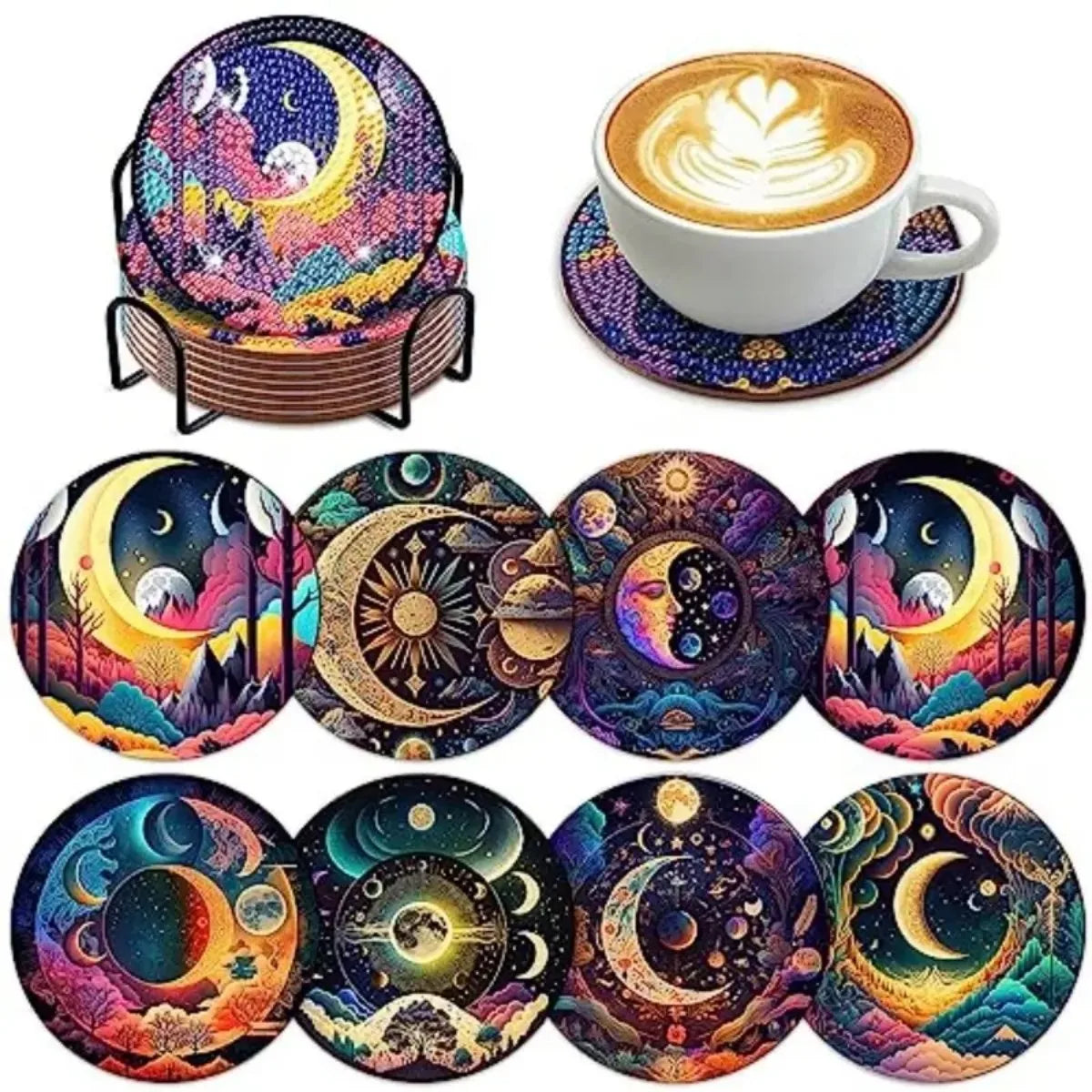 8 pieces/set of coffee patterned diamond painted coaster set, sparkling rhinestone heat-resistant beverage mat with holder DIY c