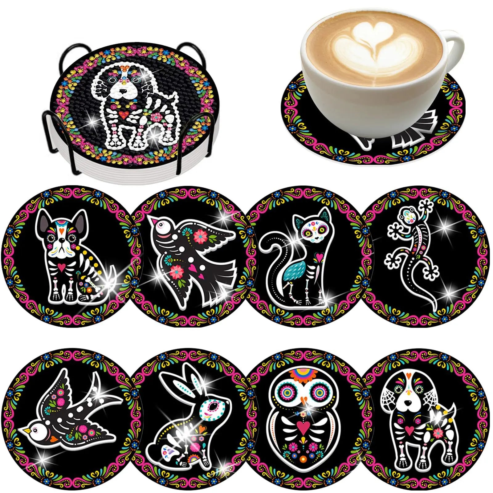 GLOBAL 8pcs/Set DIY Diamond Painting Coasters Animal Cup Cushion for Drinks Crystal Rhinestones Diamond Art Coasters with Holder