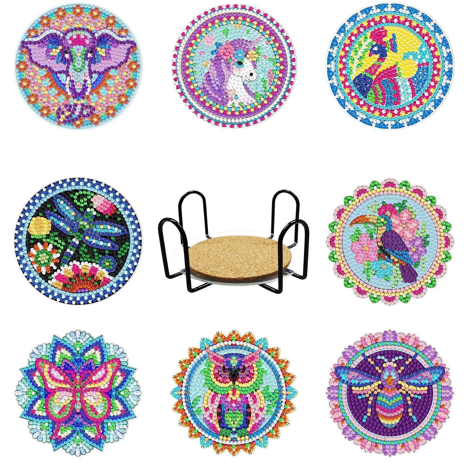 GLOBAL 8pcs/Set DIY Diamond Painting Coasters Animal Cup Cushion for Drinks Crystal Rhinestones Diamond Art Coasters with Holder