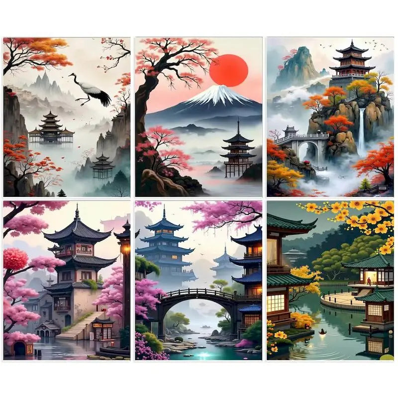 GATYZTORY Sakura Pagoda Painting By Numbers Kits Landscape Drawing Frame Acrylic Paint Coloring By Numbers For Home Decor