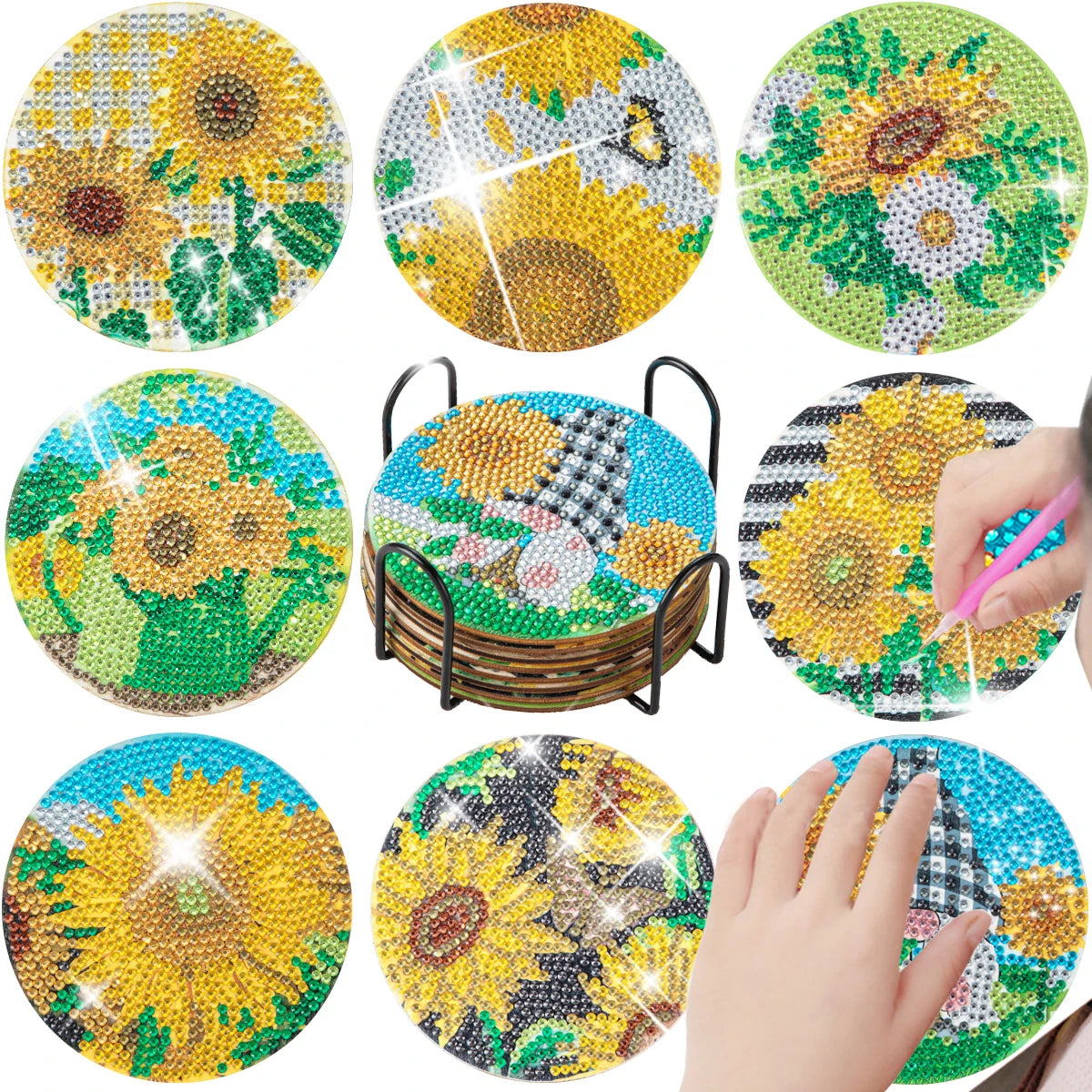 GLOBAL 8pcs/Set DIY Diamond Painting Coasters Animal Cup Cushion for Drinks Crystal Rhinestones Diamond Art Coasters with Holder