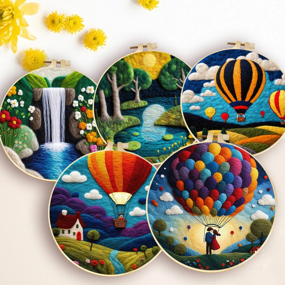 GATYZTORY DIY Wool Painting Kit With Frame Felting Needles Handmade Picture Kit Hot Air Balloon For Home Decors Crafts Gift