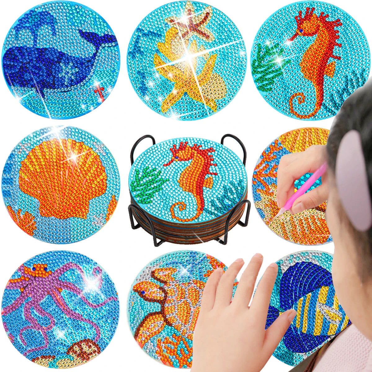 GLOBAL 8pcs/Set DIY Diamond Painting Coasters Animal Cup Cushion for Drinks Crystal Rhinestones Diamond Art Coasters with Holder