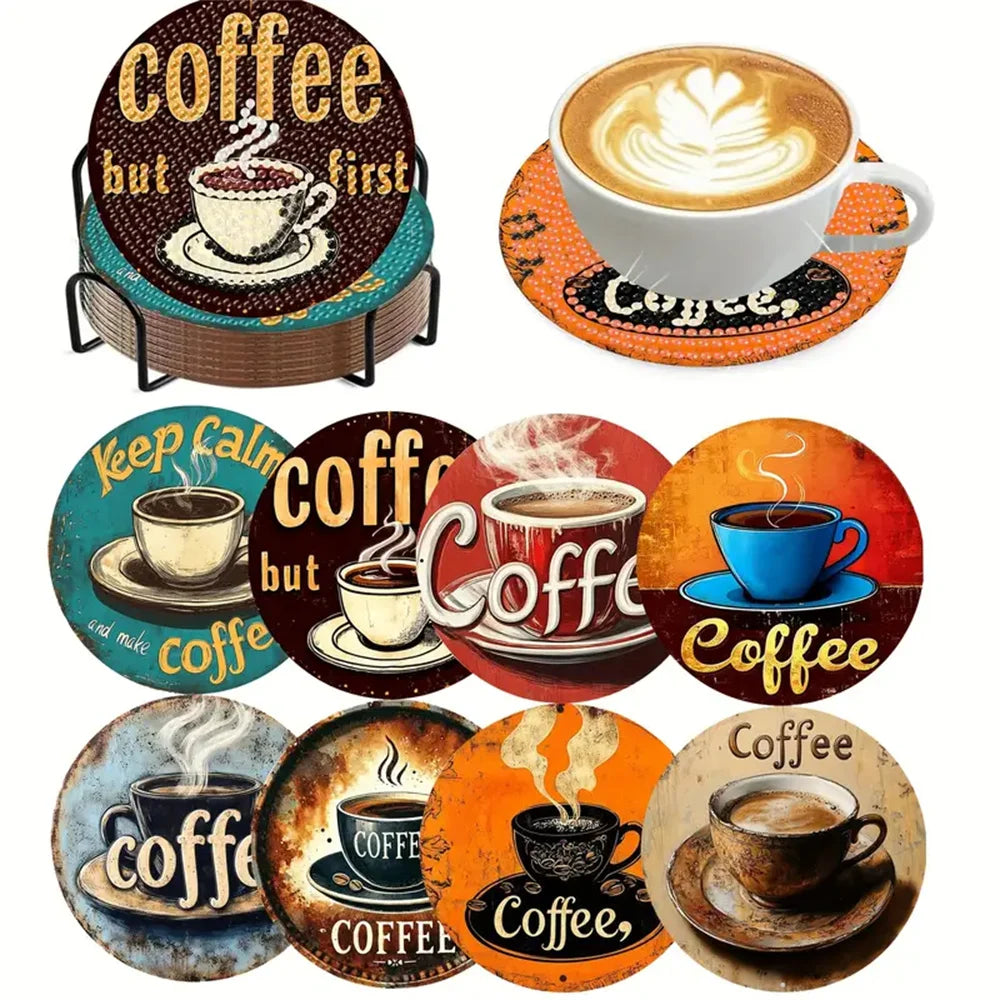 8 pieces/set of coffee patterned diamond painted coaster set, sparkling rhinestone heat-resistant beverage mat with holder DIY c