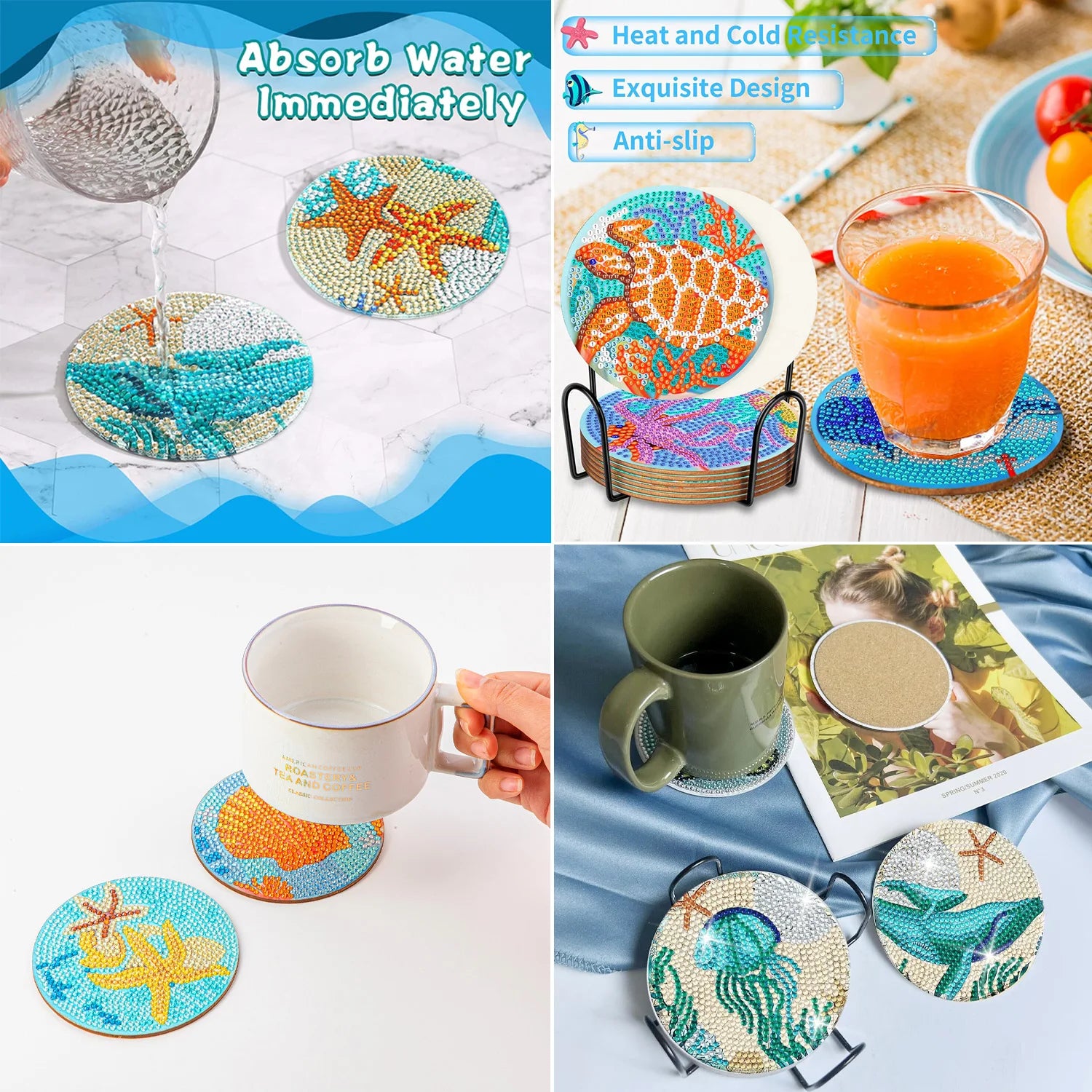 GLOBAL 8pcs/Set DIY Diamond Painting Coasters Animal Cup Cushion for Drinks Crystal Rhinestones Diamond Art Coasters with Holder