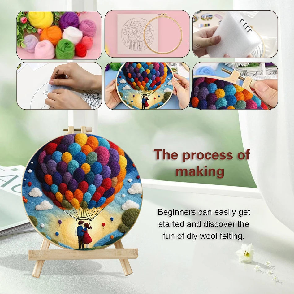 GATYZTORY DIY Wool Painting Kit With Frame Felting Needles Handmade Picture Kit Hot Air Balloon For Home Decors Crafts Gift