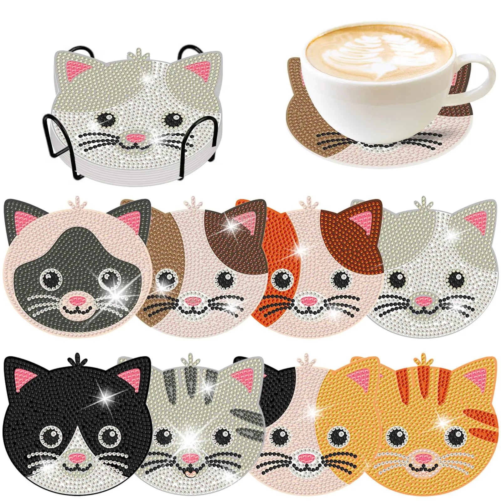 GLOBAL 8pcs/Set DIY Diamond Painting Coasters Animal Cup Cushion for Drinks Crystal Rhinestones Diamond Art Coasters with Holder