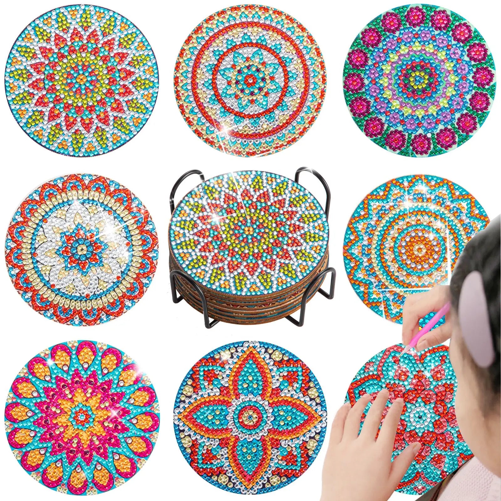 GLOBAL 8pcs/Set DIY Diamond Painting Coasters Animal Cup Cushion for Drinks Crystal Rhinestones Diamond Art Coasters with Holder