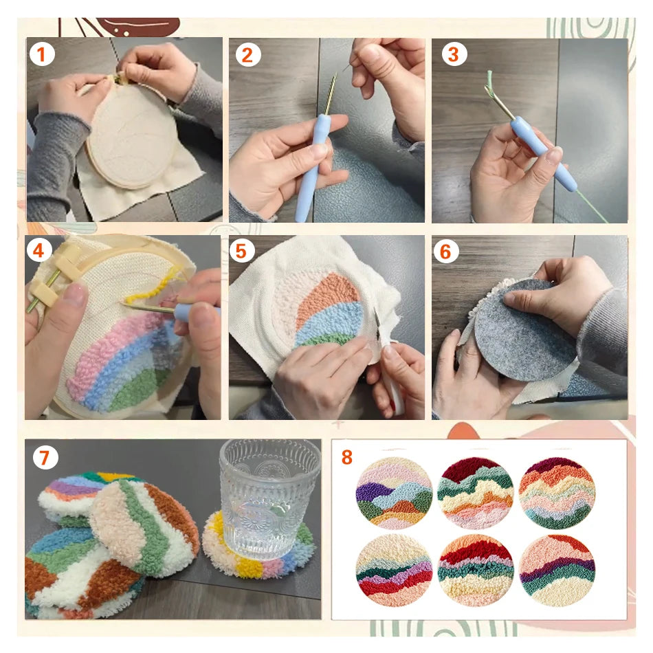 6pcs Cat Punch Needle Embroidery Coaster Set For Adult Punch Needle Embroidery Set Animal Tufting Coaster Art and Crafts