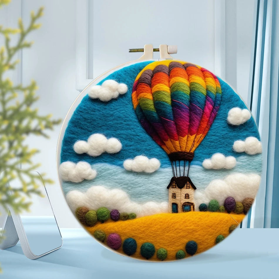GATYZTORY DIY Wool Painting Kit With Frame Felting Needles Handmade Picture Kit Hot Air Balloon For Home Decors Crafts Gift