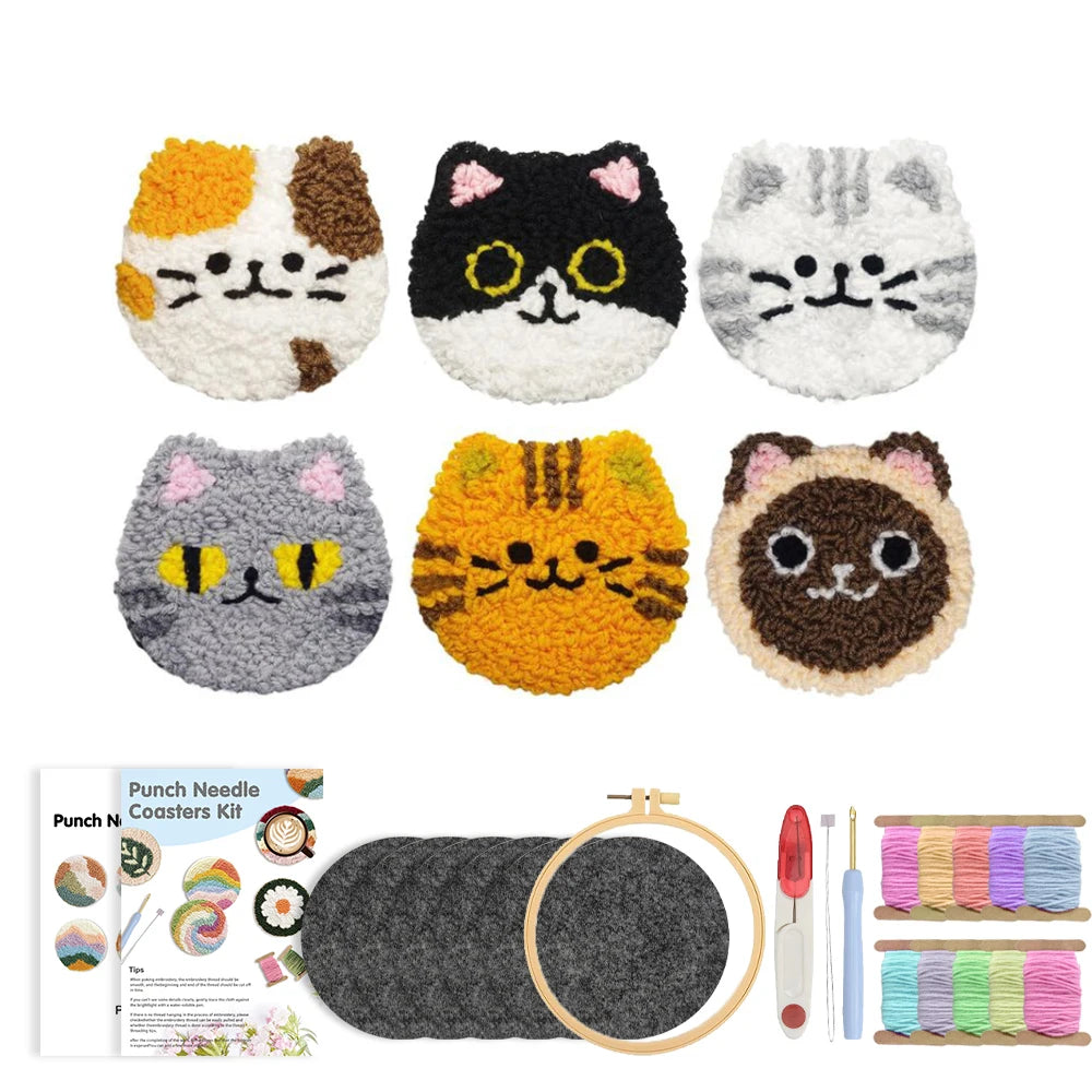 6pcs Cat Punch Needle Embroidery Coaster Set For Adult Punch Needle Embroidery Set Animal Tufting Coaster Art and Crafts