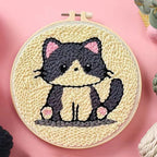 🐱 Kit de broderie Punch Needle – Chat gris et blanc élégant