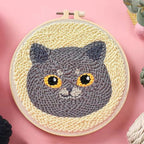 🐱 Kit de broderie Punch Needle – Chat gris regard perçant
