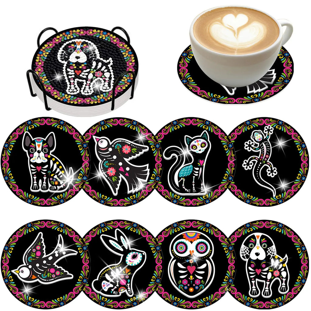 💐 8Pcs – Diamond Painting – Animaux festifs style Día de los Muertos