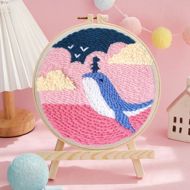 🌸Kit de broderie Punch Needle – Baleine et nuage rose