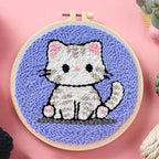 🐱 Kit de broderie Punch Needle – Chat blanc tache grise élégant